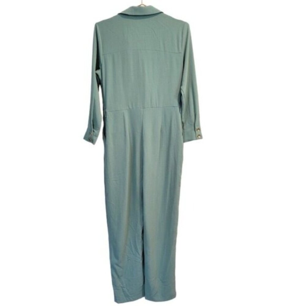 Zara | Long Sleeve Lapel Collar Surplus V Neck Jumpsuit Dusty Green Blue - Picture 3 of 9